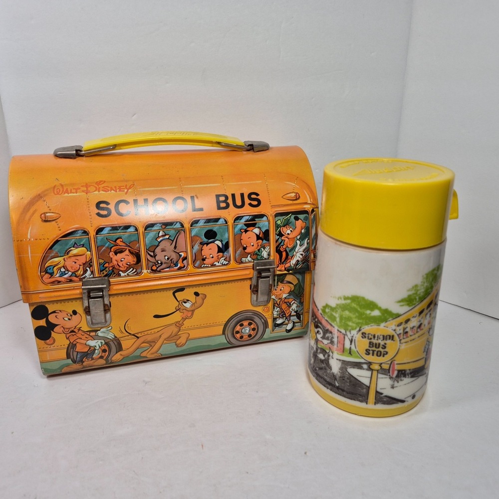 Vintage Alladin 1960s Walt Disney School Bus Dome Metal Lunchbox w/Thermos